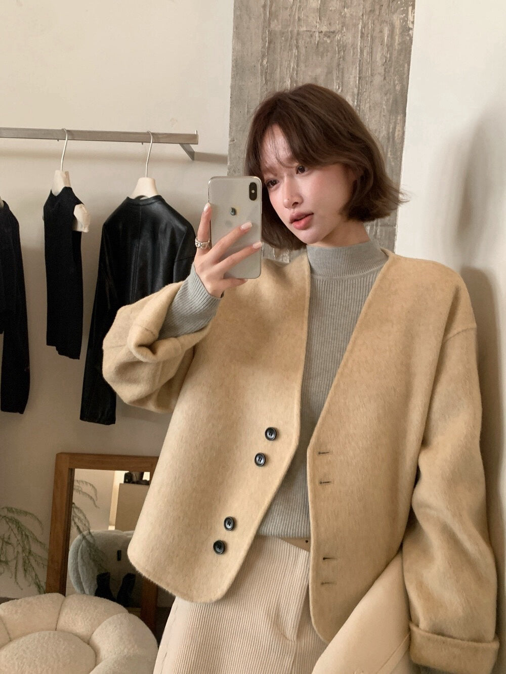 // 極美double鈕扣深V簡約100%雙面羊毛手工外套