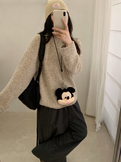 // 5%兔毛混針花線圓領卷邊毛衣