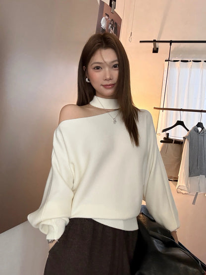 B214 / 小性感掛頸斜肩針織上衣