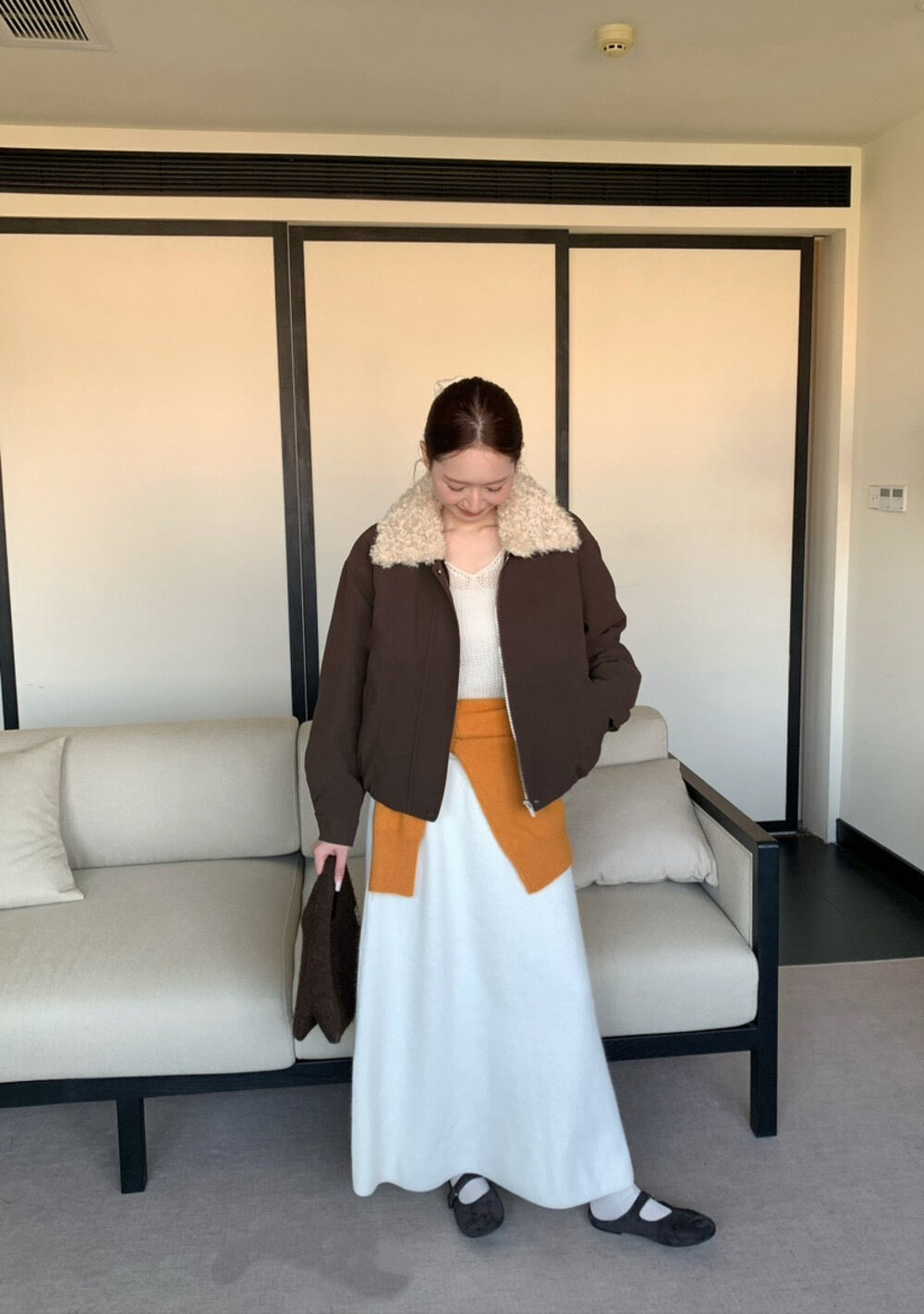 // 拼接卷毛領設計感短外套