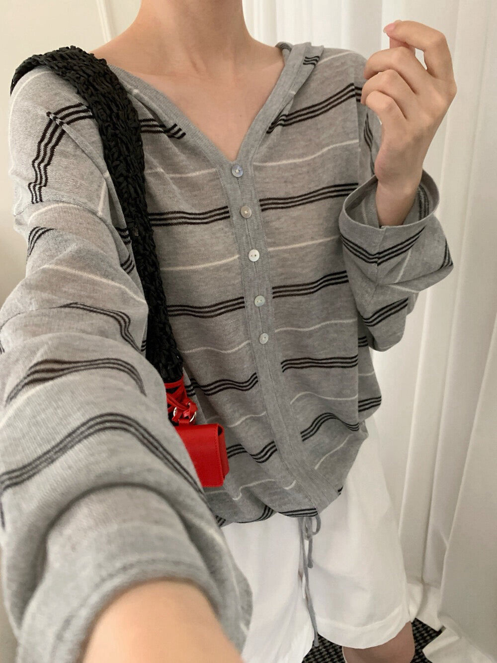 K20 / 薄款間條抽繩衣擺連帽防曬NT