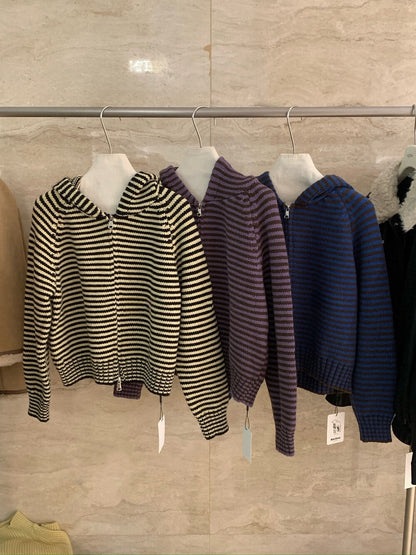 // 軟糯雙拉鍊細間條連帽CD