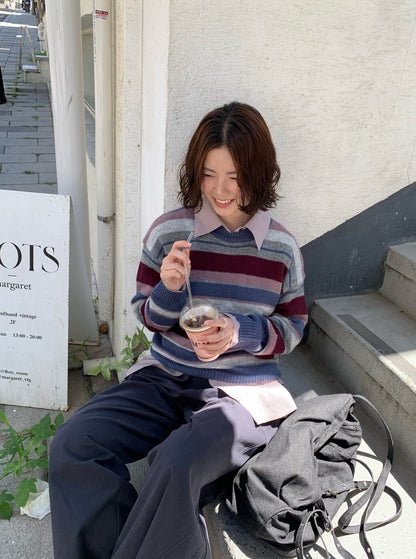 // 復古感撞色間條圓領10%羊毛NT