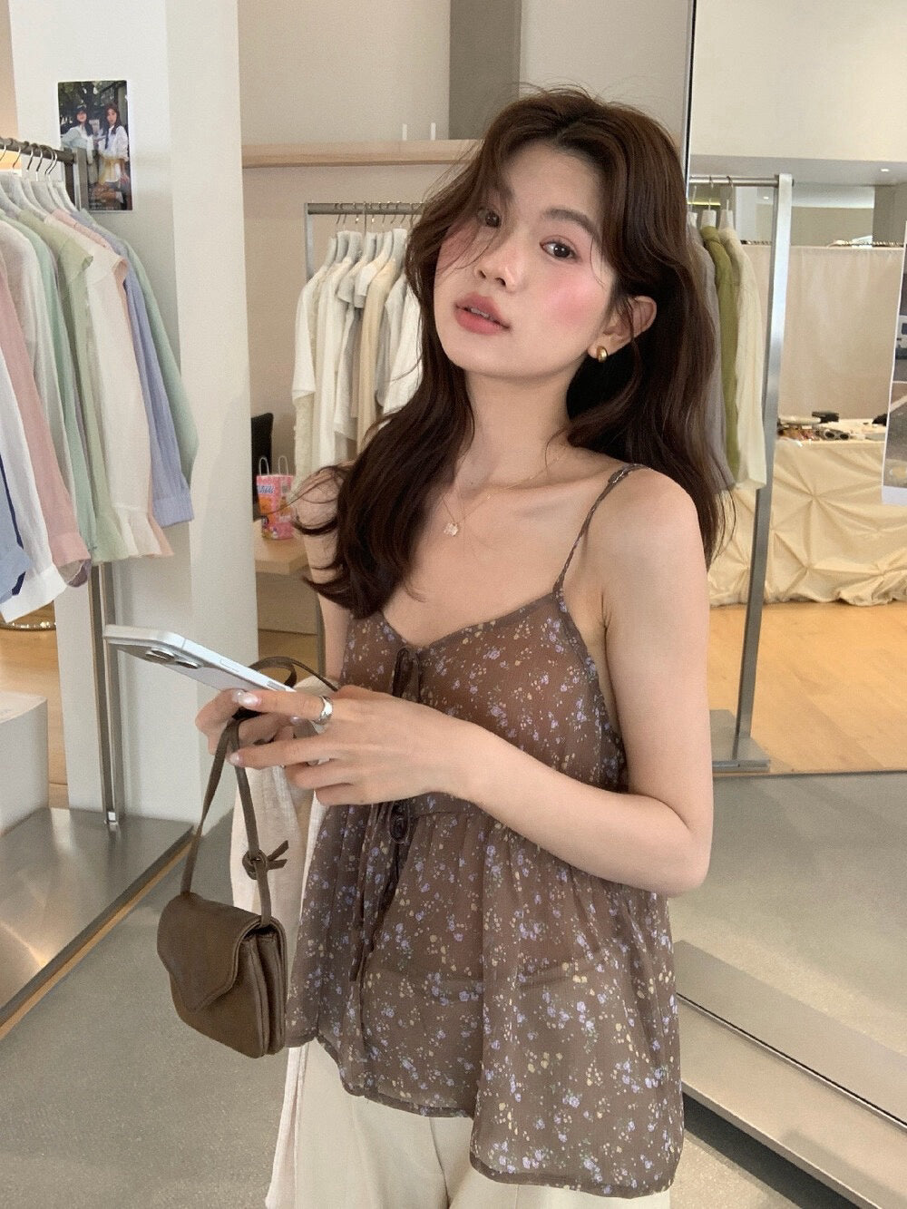 // 綁帶碎花雪紡小吊帶
