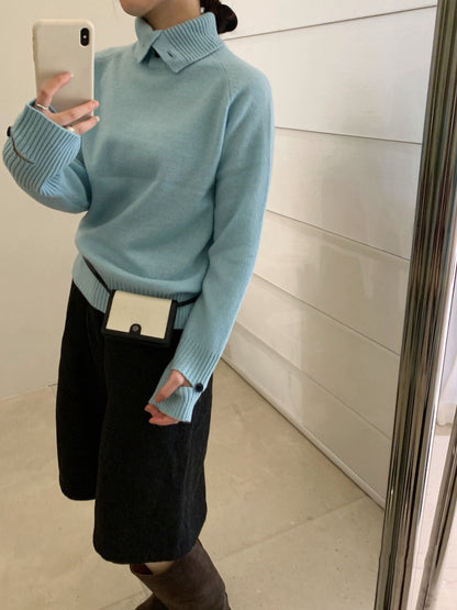 // 100%綿羊毛鈕扣可立領+設計感袖口毛衣