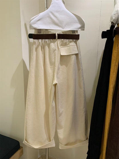 // 連絨面腰帶壓褶燈芯絨褲