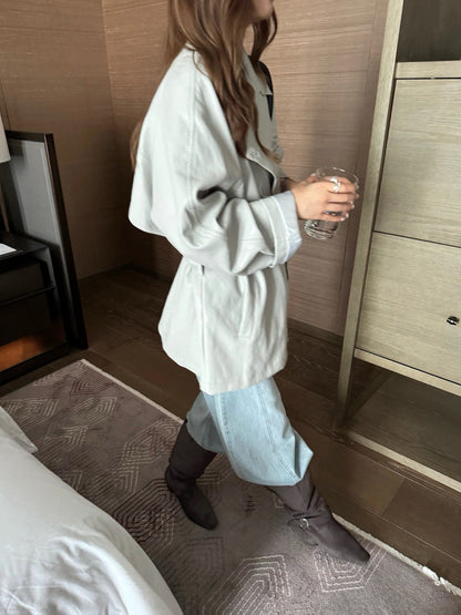 J30 / 質感雙排扣啞光彷皮trench coat外套