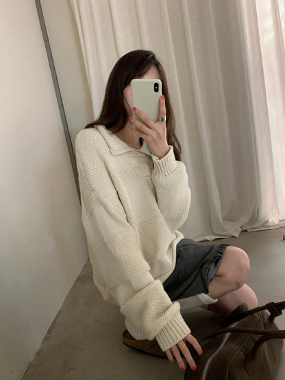 // 超美織紋翻領套頭毛衣