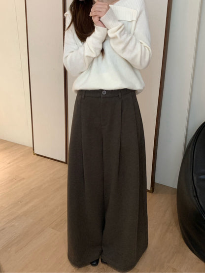 // 超遮肉壓褶闊腳毛呢褲