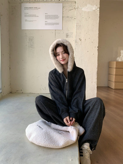 // 毛毛領衛衣外套+休閒褲套裝