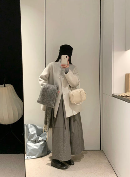 // 90%羊毛+10%羊駝毛小立領斜口袋手工外套