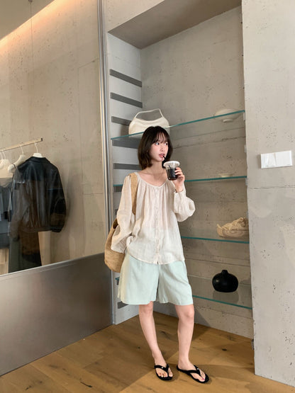 // 後綁帶排扣寬鬆麻質BL
