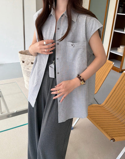 S43 / 休閒風間條小飛袖恤衫+吊帶+舒服褲三件套