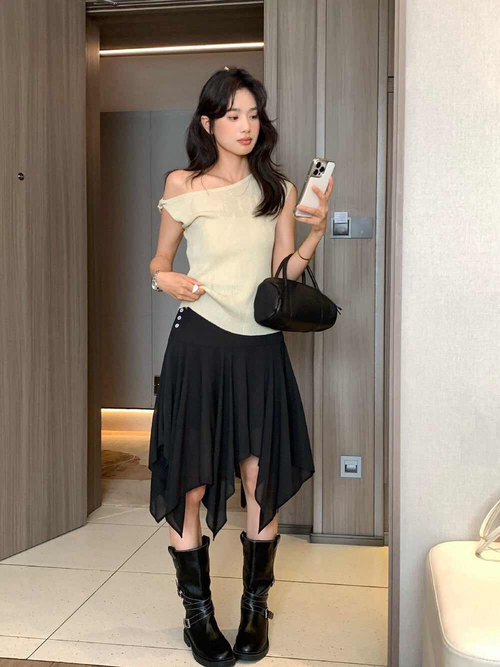 // 肌理感側鈕扣裝飾不規則SK