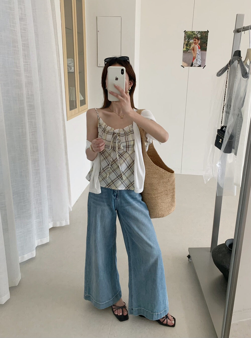 // 花邊格紋小吊帶+薄針織外套套裝