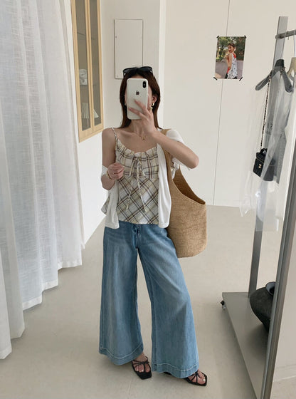 // 花邊格紋小吊帶+薄針織外套套裝