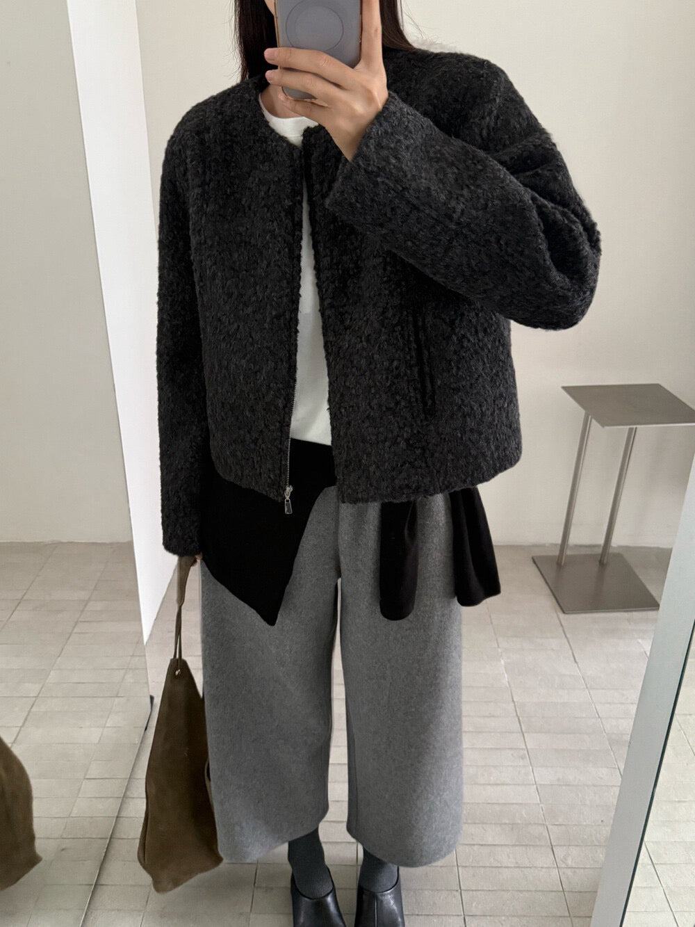 // 圓領圈圈絨簡約拉鏈外套