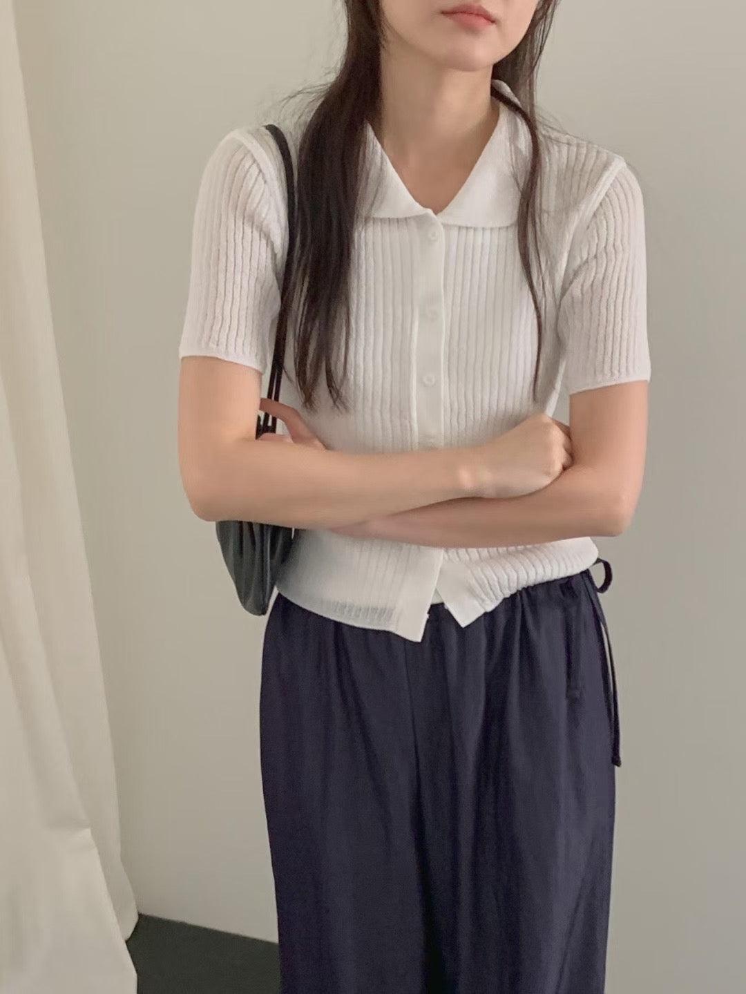 // 直坑紋翻領排扣針織上衣