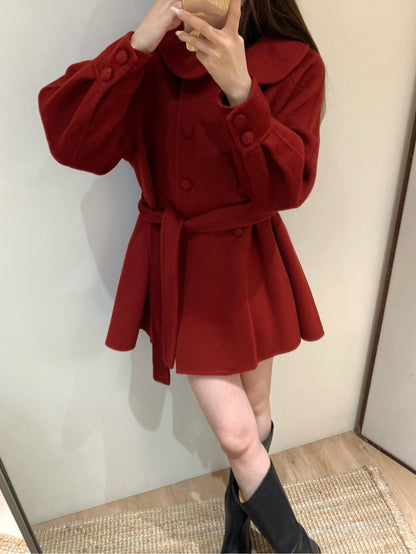 // 超柔軟100%羊毛娃娃領雙排扣手工外套