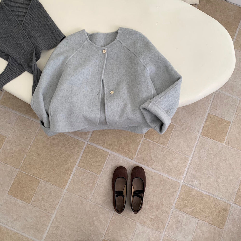 // 100%羊毛馬卡龍色系圓領短款手工外套(連三角巾)