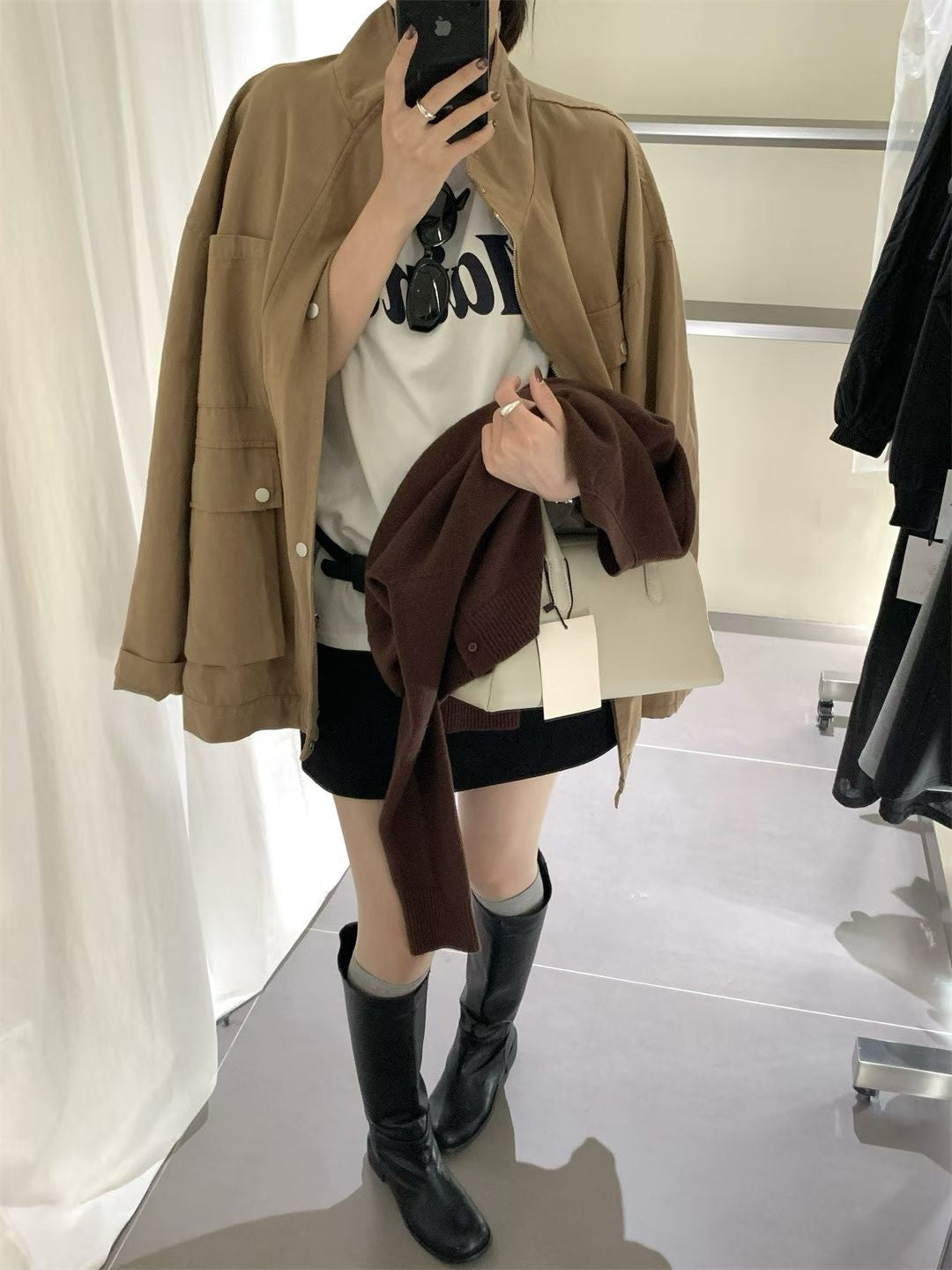 // 小立領口袋中長工裝洗水棉外套