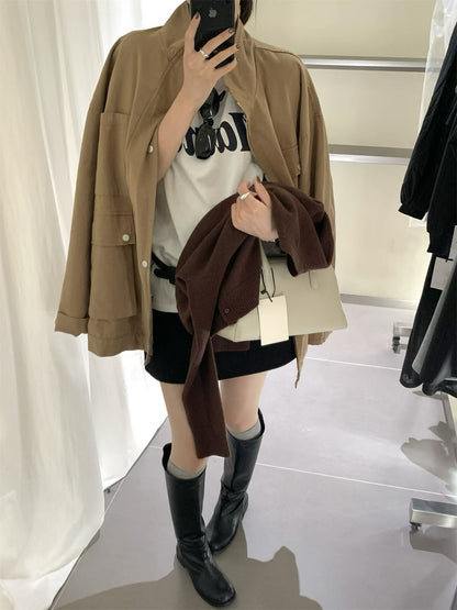 // 小立領口袋中長工裝洗水棉外套