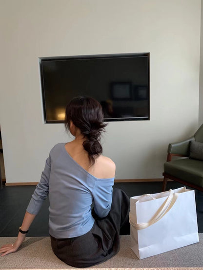 // 50%cotton+50%loycell親膚斜肩不規則長袖上衣