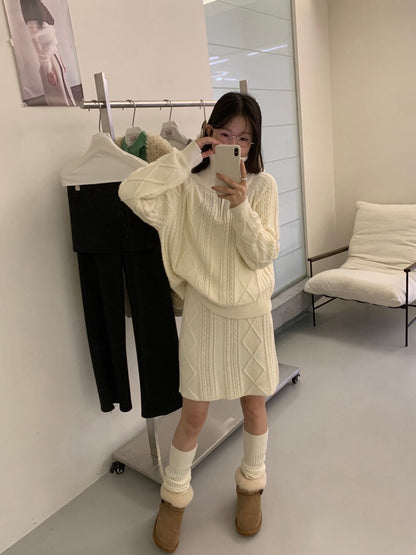 // 麻花半拉鍊立領毛衣+短裙套裝