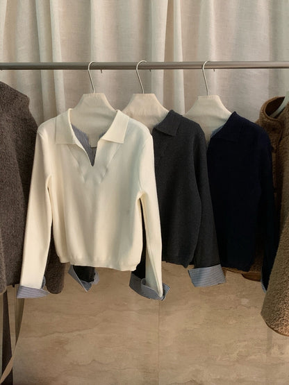 // 極簡風拼接間條恤衫假兩件翻領NT