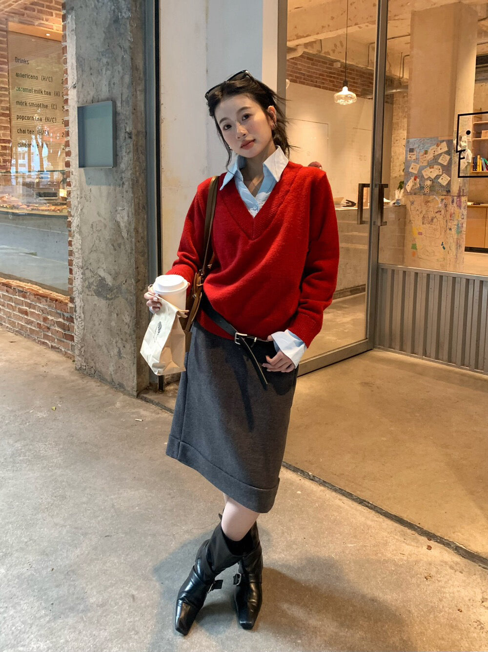 // 氣質微A五分毛呢裙(連腰帶)