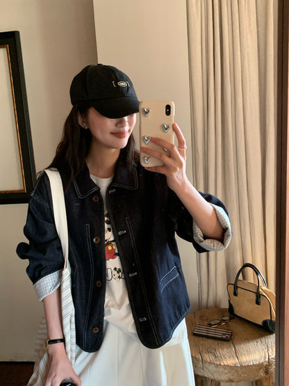 // 復古感明線格仔內裡拼接牛仔外套