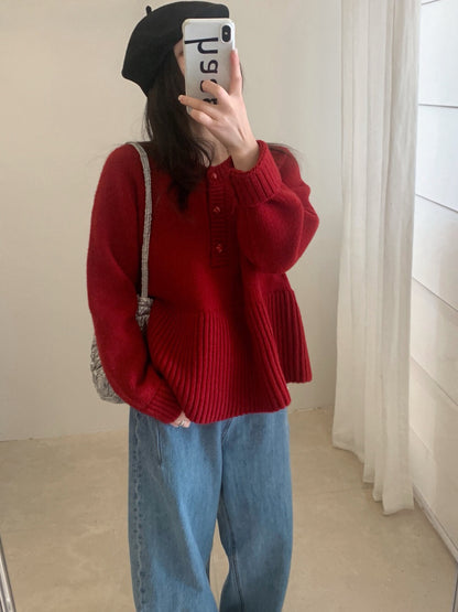 // 法式甜美直坑紋衣擺半鈕扣毛衣