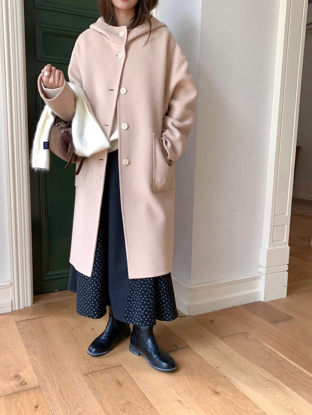 // 80%wool+20%alpaca連帽可愛口袋手工羊毛外套