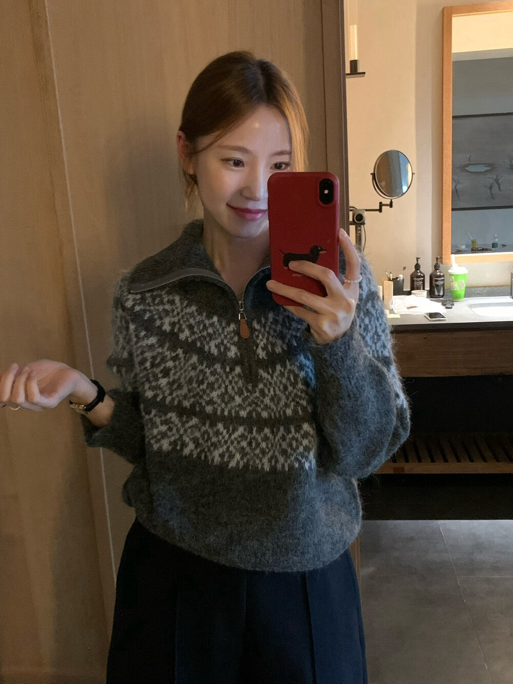 // 11%wool北歐風花紋半拉鍊可立領毛衣