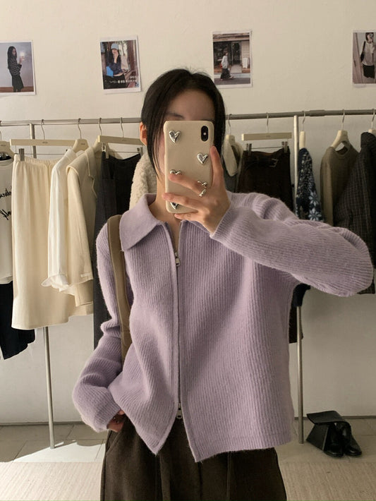 // 細直坑紋翻領上下拉鍊CD