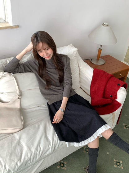 // 裙頭位超美拼接百褶腳50%羊毛中裙