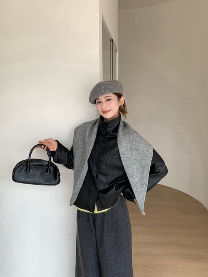 // 立領設計超軟彷皮外套(連披肩)