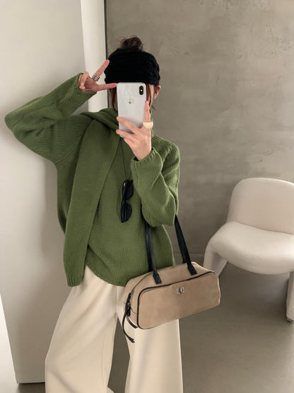 // 巨美粗針慵懶感落肩毛衣(連頸巾)