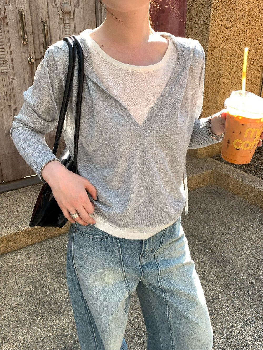 🧢 假兩件拼接連帽薄款針織衫￼