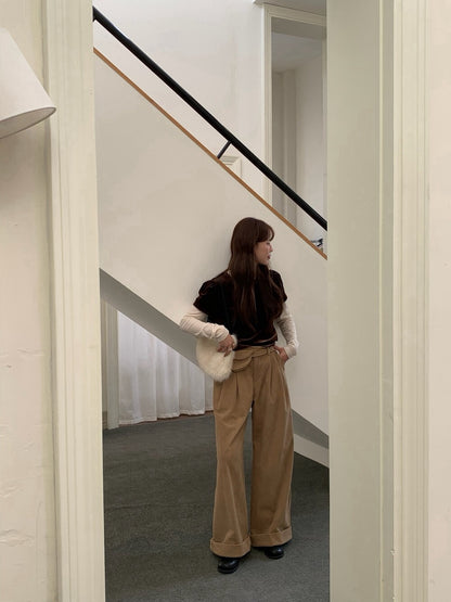 // 壓褶寬鬆燈芯絨褲(連腰包腰帶)