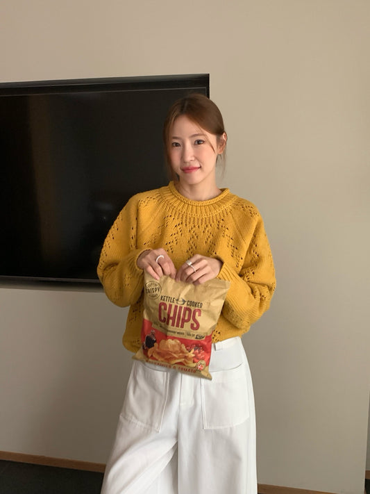 (部分現貨) // 15%wool鏤空鈎花半領卷邊毛衣