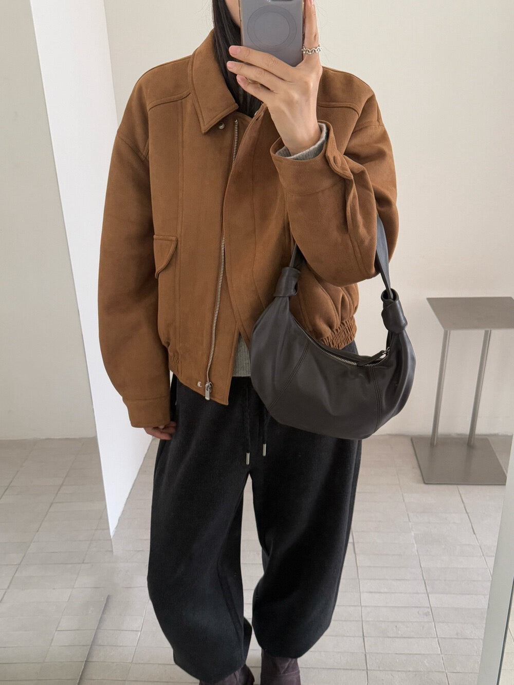 // 經典翻領設計麂皮絨夾棉外套