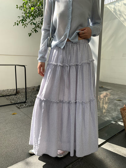 // 減齡款細格紋花邊層層中裙