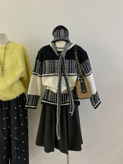 // 復古撞色特別織紋毛衣(連頸巾+帽)