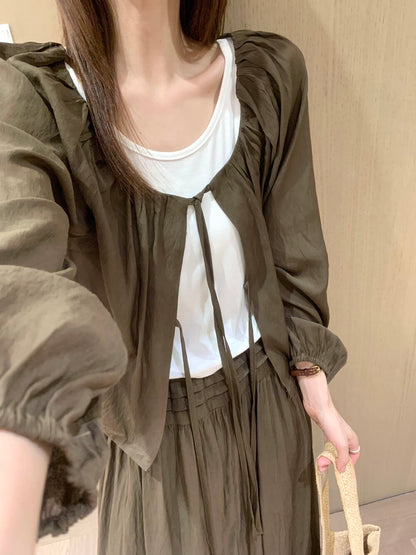 S27 / 超韓綁帶防曬BL+打底背心+壓褶details中裙三件套