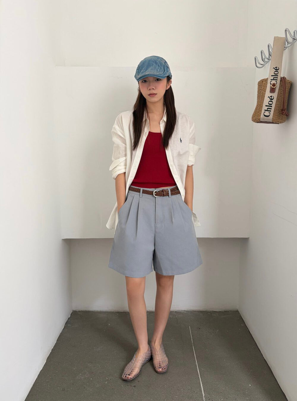 // 壓褶廓型遮肉五分短褲(連編織腰帶)