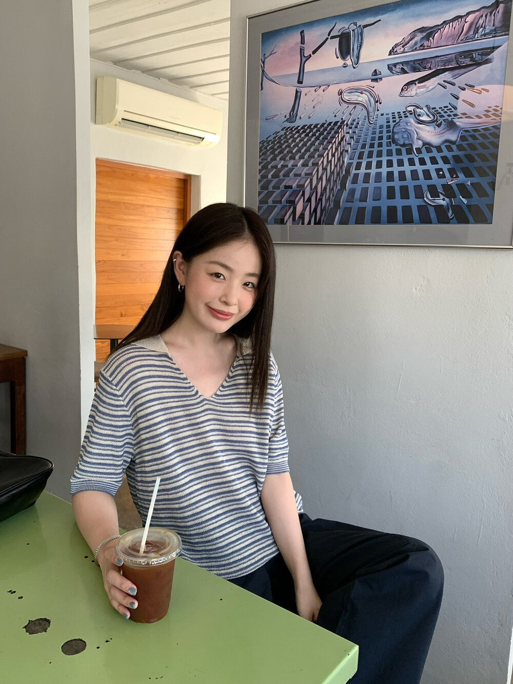 // 肌理感撞色領間條短袖針織上衣