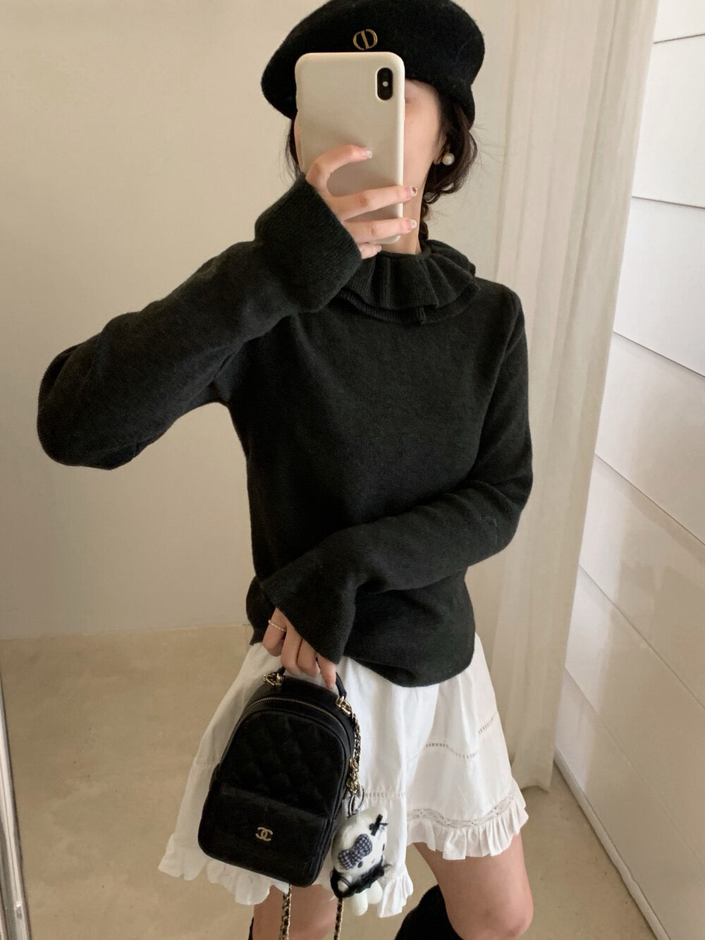 // 法式雙層花邊領+袖針織上衣