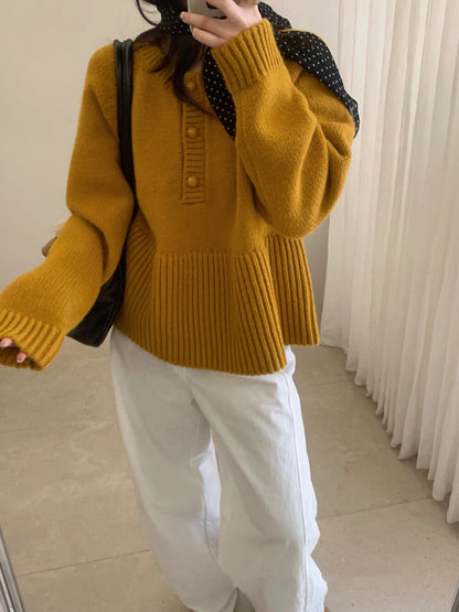 // 法式甜美直坑紋衣擺半鈕扣毛衣