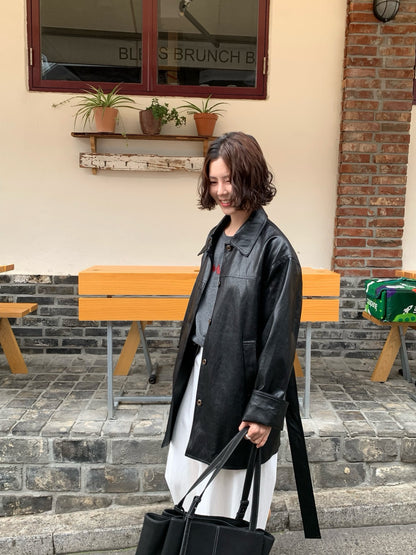 // vintage油蠟皮連腰包腰帶翻領中長外套